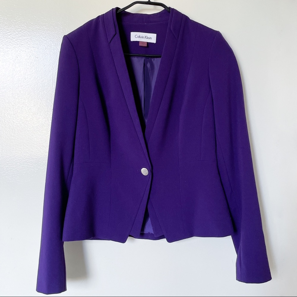 Purple One-Button Collarless Blazer Jacket